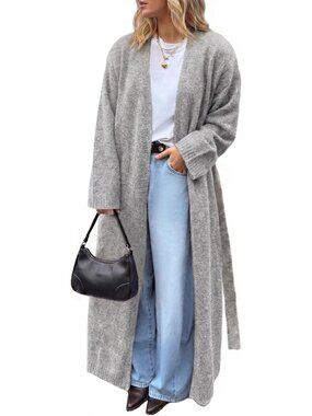 Oversized Long Cardigan Sweater for Women - Open Front, Belted, Cozy Layering